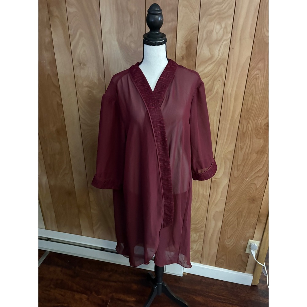 Burgundy Sheer Chiffon Robe Pleated Trim Open Front Longline Kimono Coverup L/XL